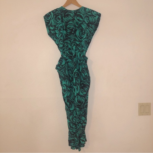 Vintage 80s Sterling Silver Rose Print V-Neck Formal Dress w/ Shoulder Pads - Picture 13 of 16